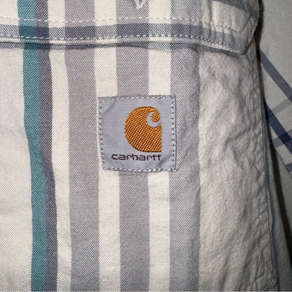 Carhartt Cream and Blue Casual Short Sleeve- Button Down-‎ Loose Fit- Size Large - Picture 5 of 10